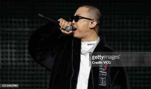 Rapper GAI performs during Li-Ning A/W 2021 Fashion Show on April 7, 2021 in Zhengzhou, Henan Province of China.