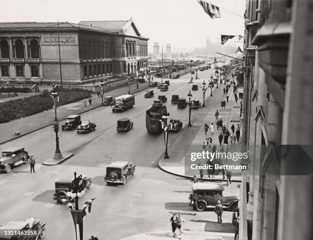 High angle view of Michigan Boulevard decorated with Stars-and-Stripes flags and bunting to welcome visitors to the Republican Party convention in...