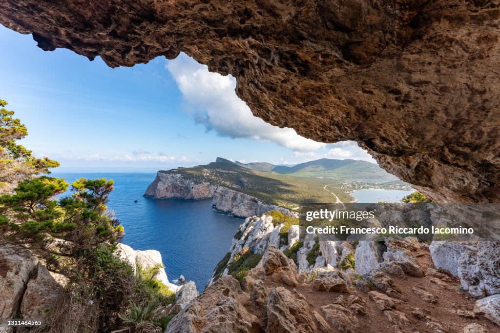 Capo Caccia, blue sea and sky in summertime. Alghero, Sassari district, Sardinia, Italy