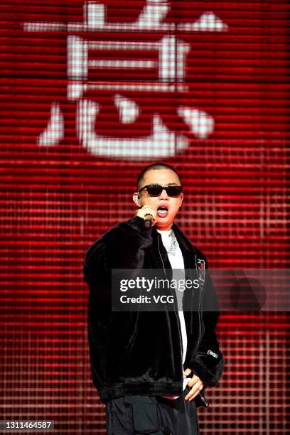 Rapper GAI performs during Li-Ning A/W 2021 Fashion Show on April 7, 2021 in Zhengzhou, Henan Province of China.