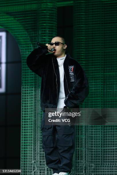 Rapper GAI performs during Li-Ning A/W 2021 Fashion Show on April 7, 2021 in Zhengzhou, Henan Province of China.