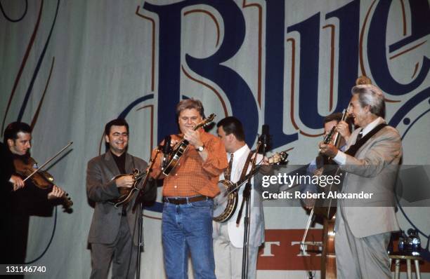 Bluegrass singer and musician Ricky Skaggs performs with Del McCoury , and the Del McCoury Band at a "Bluegrass Night at the Ryman" concert at the...