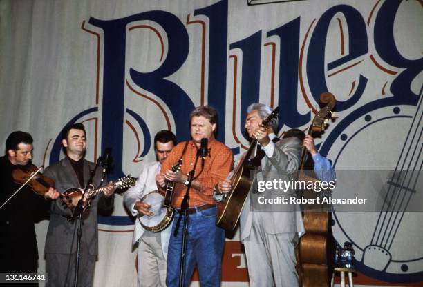 Bluegrass singer and musician Ricky Skaggs performs with Del McCoury , and the Del McCoury Band at a "Bluegrass Night at the Ryman" concert at the...