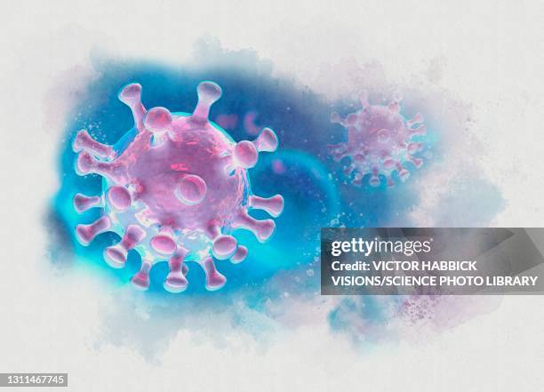 coronavirus particles, illustration - pandémie stock-grafiken, -clipart, -cartoons und -symbole