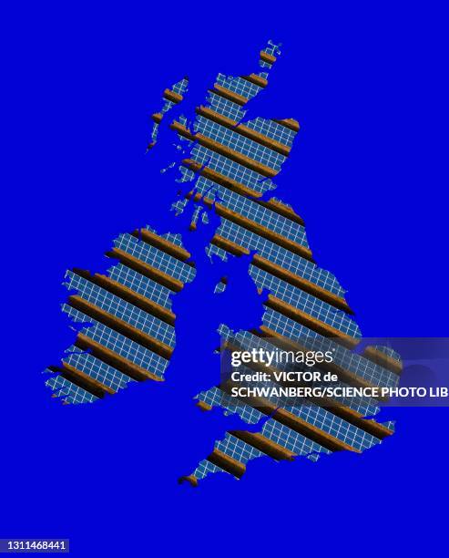 rows of solar panels inside map of the uk, composite image - england map stock pictures, royalty-free photos & images