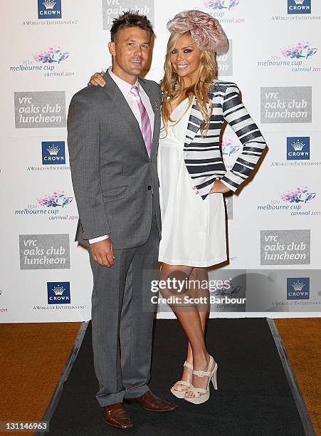 Jess Sinclair and Chantelle Delaney arrive at the VRC Oaks Club Ladies Luncheon at Crown Palladium on November 2, 2011 in Melbourne, Australia.