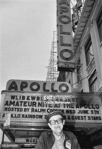 Former Apollo employee Francis Thomas outside the reopened Apollo Theater in Harlem, New York City, New York, May 1985. Thomas started working at the...