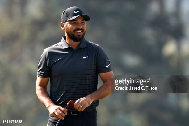 Jason Day of Australia reacts on the third green during the first round of the Masters at Augusta National Golf Club on April 08, 2021 in Augusta,...