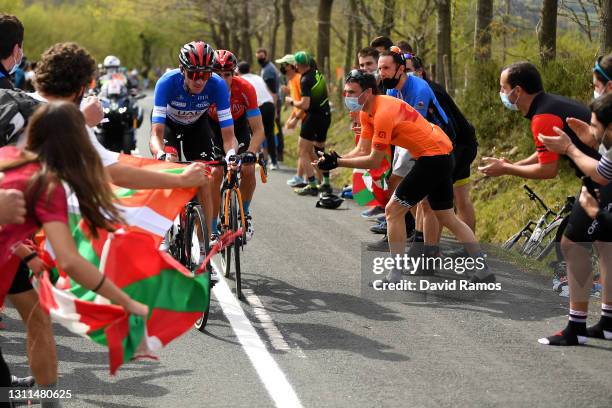 Brandon Mcnulty of United States and UAE Team Emirates Blue best young jersey & Mikel Landa Meana of Spain and Team Bahrain Victorious during the...