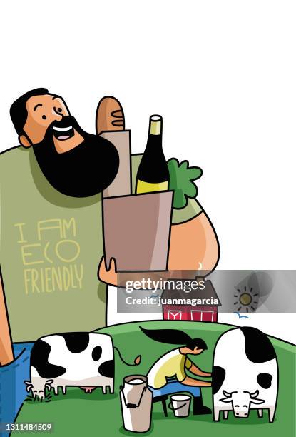 ilustrações de stock, clip art, desenhos animados e ícones de ecological and environmentally friendly people. people who take care of the planet and eat bio, organic, ecological and 100% natural food, without preservatives or dyes - milking