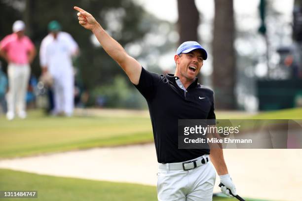 Rory McIlroy of Northern Ireland reacts to his shot from the third tee during the first round of the Masters at Augusta National Golf Club on April...