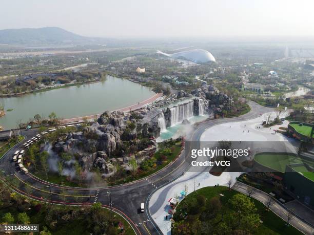 Aerial view of tourists visiting the Yangzhou International Horticultural Exposition 2021 on the opening day on April 8, 2021 in Yangzhou, Jiangsu...