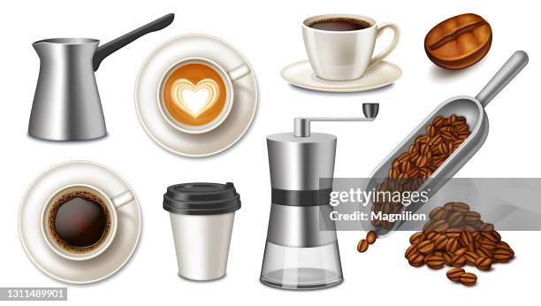 ilustraciones, imágenes clip art, dibujos animados e iconos de stock de set de café vector realista - cuchara-de-helado
