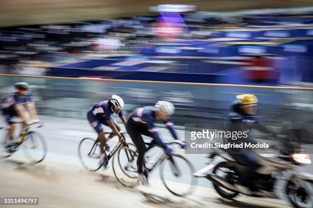 The French national team trains inside a velodrome which has been turned into a vaccination centre, on April 8, 2021 in Saint-Quentin-en-Yvelines,...