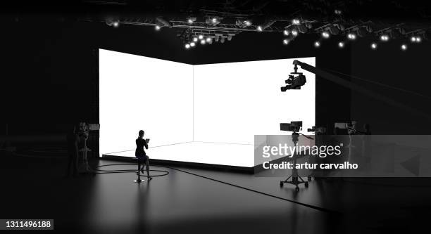 studio for broadcasting presentations template, corporate live web events, 3d render - microphone debate stock pictures, royalty-free photos & images