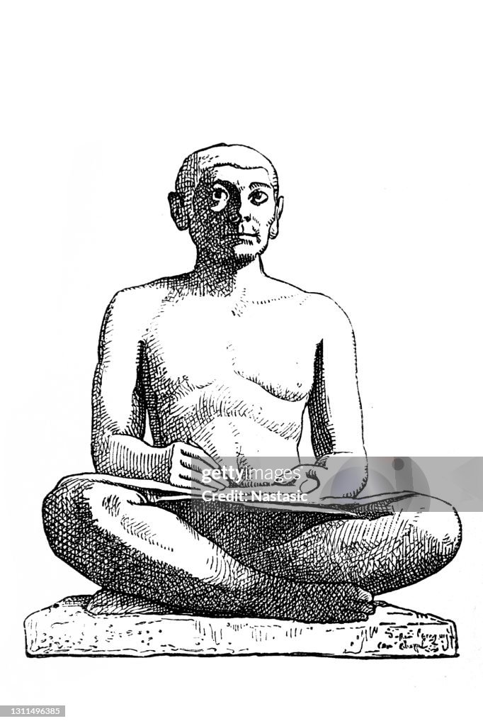 The Seated Scribe. Wood engraving after a painted limestone statue (2600s BCE), found (1850) in Saqqara, Egypt, today in the Musee du Louvre, Paris