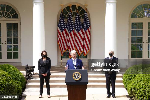President Joe Biden speaks as Vice President Kamala Harris and Attorney General Merrick Garland listen during an event on gun control in the Rose...