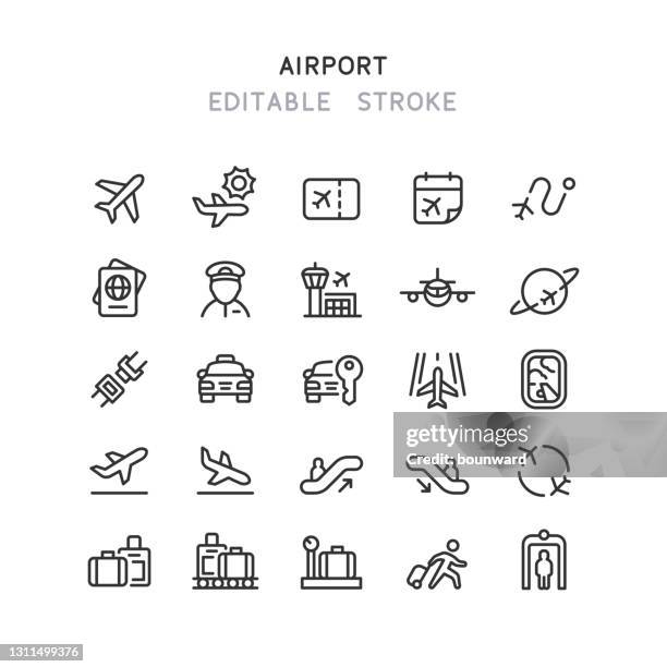 illustrations, cliparts, dessins animés et icônes de icônes de ligne d’aéroport course modifiable - picto avion