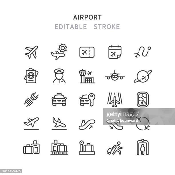 illustrazioni stock, clip art, cartoni animati e icone di tendenza di icone linea aeroporto tratto modificabile - vacanze