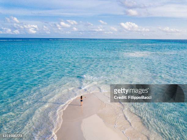 young adult woman standing on a sandbank against turquoise water in maldives - sandbar stock pictures, royalty-free photos & images