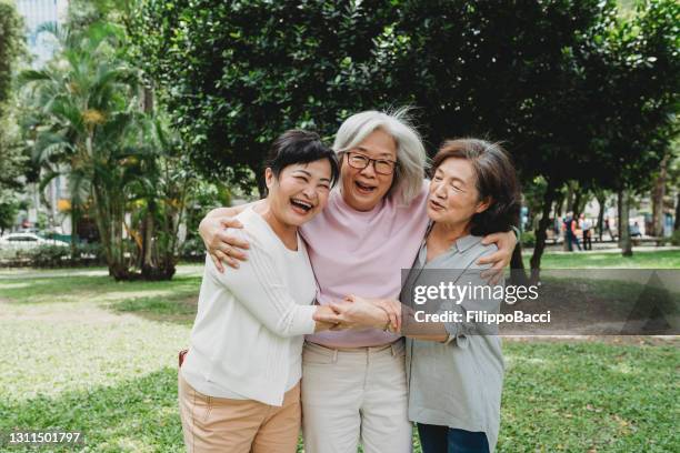 portret van drie dames samen bij het park - taiwanese ethnicity stockfoto's en -beelden