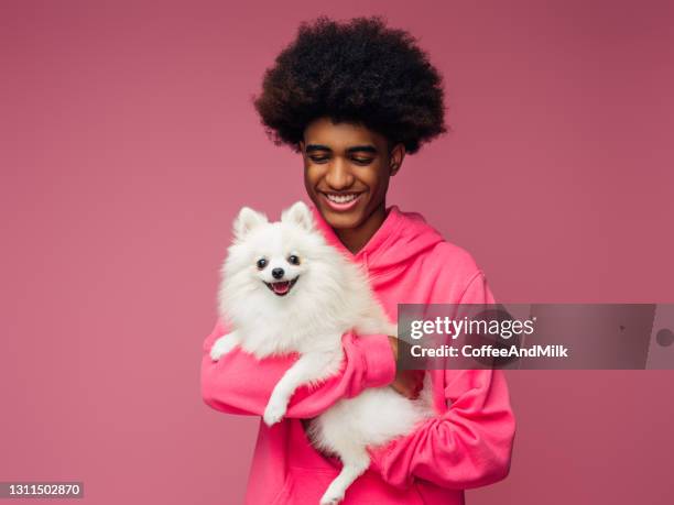 studio portrait of smiling young african american man  holding little dog - man and his hoodie imagens e fotografias de stock