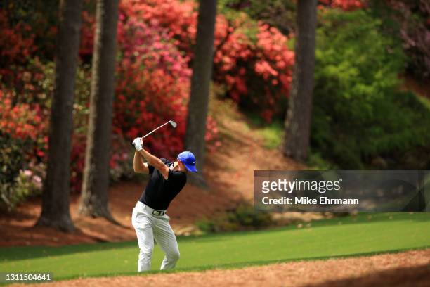 Rory McIlroy of Northern Ireland plays a shot on the 13th hole during the first round of the Masters at Augusta National Golf Club on April 08, 2021...