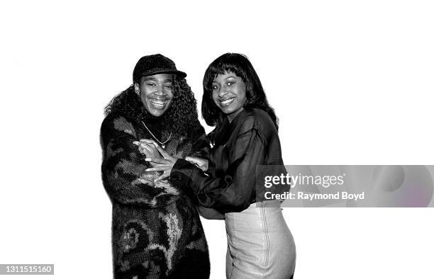 Rappers Sweet L.D. And Terrible T. Of Oaktown's 3.5.7 poses for photos at the Marriott O'Hare hotel in Chicago, Illinois in December 1991.