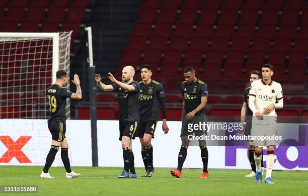 Davy Klaassen of Ajax celebrates with Antony, Edson Alvarez and Ryan Gravenberch after scoring their side's first goal during the UEFA Europa League...