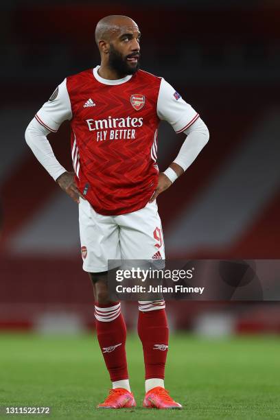Alexandre Lacazette of Arsenal looks dejected during the UEFA Europa League Quarter Final First Leg match between Arsenal FC and Slavia Praha at...