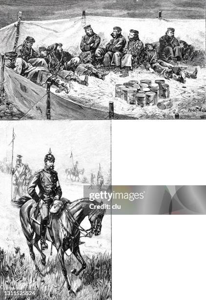 during war: dawn in the bivouac, rider - bivouac stock illustrations