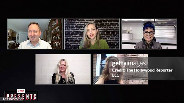 In this screengrab released on April 08 Scott Feinberg, Amanda Seyfried, Gigi Williams, Colleen LaBaff, and and Trish Summerville speak during a Q&A...