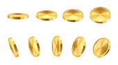 Golden coin. Realistic gold cash. 3D blank monetary signs. Money animation. Savings in precious metal. View from different angles to falling shiny metallic chip. Vector financial icons