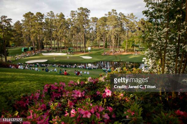 General view of the 16th green as Adam Scott of Australia putts during the first round of the Masters at Augusta National Golf Club on April 08, 2021...