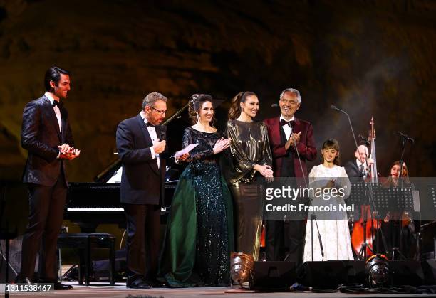 Matteo Bocelli , Eugene Kohn, Francesca Maionchi, Loren Allred, Andrea Bocelli and Virginia Bocelli on stage on April 08, 2021 at World Heritage Site...