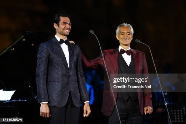 Andrea Bocelli performs in concert with his son Matteo Bocelli on April 08, 2021 at World Heritage Site Hegra in AlUla near Tabuk, Saudi Arabia.