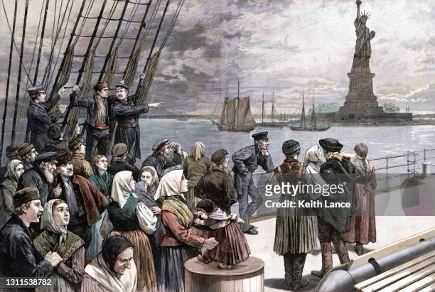 ship with immigrant passengers arriving in new york - the americas stock illustrations