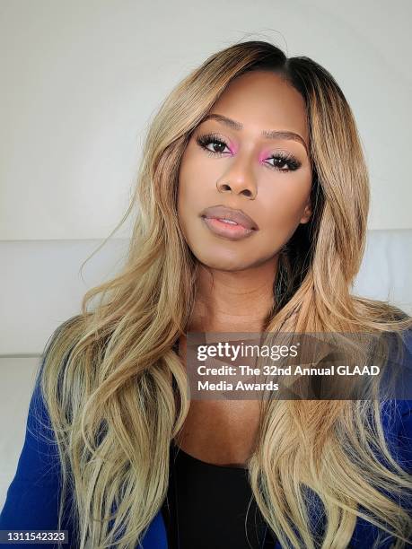 In this image released on April 8, Laverne Cox attends The 32nd Annual GLAAD Media Awards broadcast on April 08, 2021.