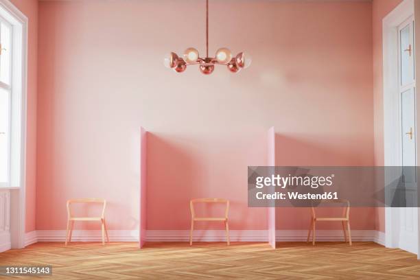 three dimensional render of empty chairs in pink colored waiting room - pandémie stock illustrations
