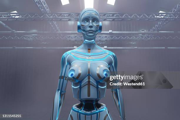 three dimensional render of futuristic gynoid - warehouse interior stock illustrations