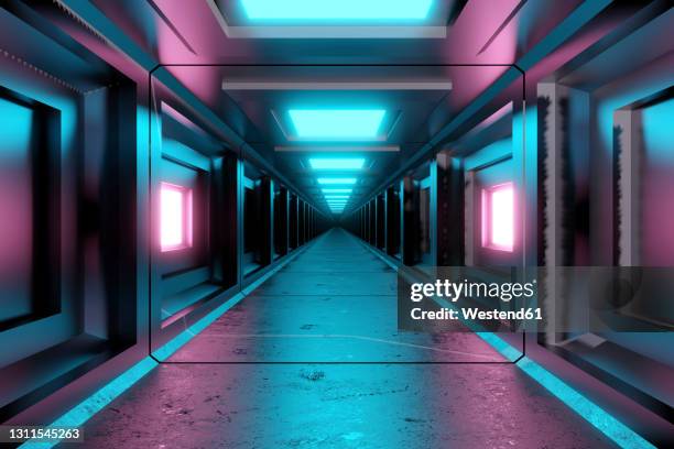 three dimensional render of futuristic corridor inside spaceship or space station - spaceship inside stock illustrations