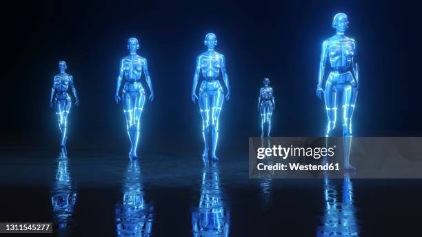 illustrazioni stock, clip art, cartoni animati e icone di tendenza di three dimensional render of futuristic gynoids walking in dark environment - impression 3d