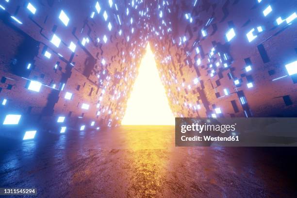 three dimensional render of triangle shaped portal glowing at end of futuristic corridor - licht am ende des tunnels stock-grafiken, -clipart, -cartoons und -symbole