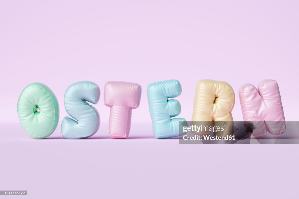 Three dimensional render of pastel colored balloons arranged into single word