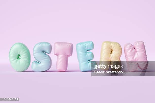 three dimensional render of pastel colored balloons arranged into single word - tridimensional letters imagens e fotografias de stock