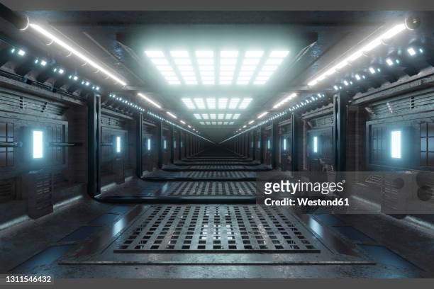 three dimensional render of futuristic corridor inside spaceship or space station - indoors stock illustrations