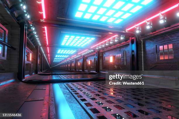 three dimensional render of futuristic corridor inside spaceship or space station - spaceship inside stock illustrations