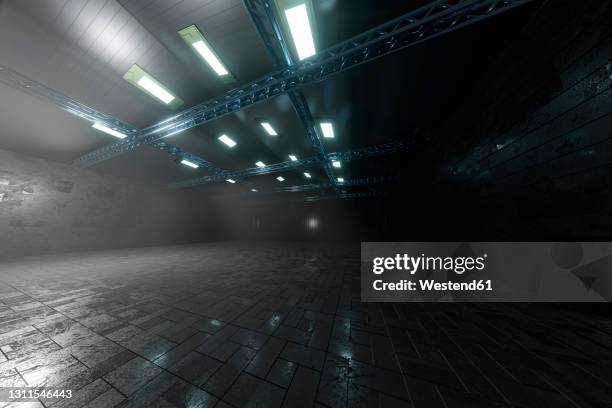 ilustraciones, imágenes clip art, dibujos animados e iconos de stock de three dimensional render of dark empty warehouse - almacén