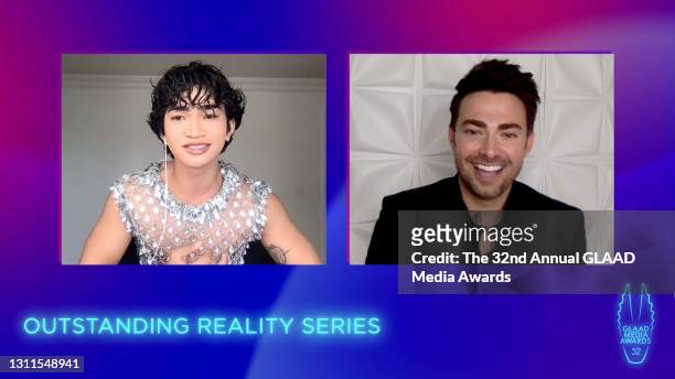 In this screengrab released on April 8, Bretman Rock and Jonathan Bennett speak during The 32nd Annual GLAAD Media Awards broadcast on April 08, 2021.
