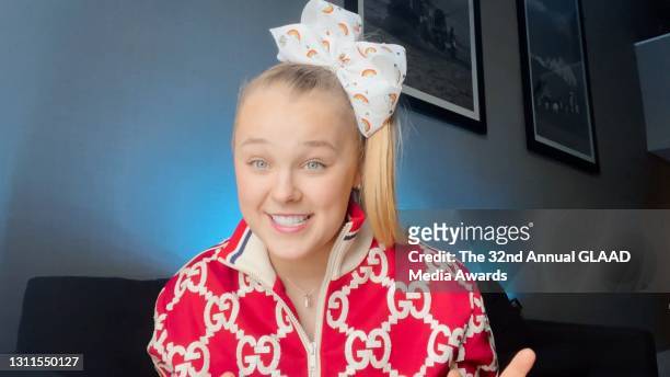In this screengrab released on April 8, JoJo Siwa speaks during The 32nd Annual GLAAD Media Awards broadcast on April 08, 2021.